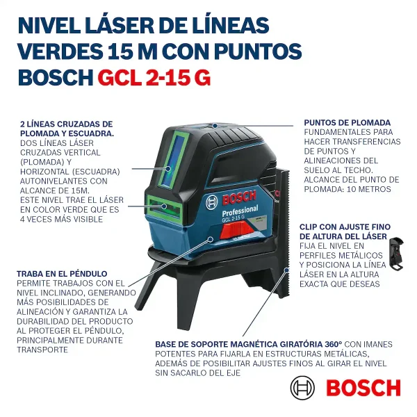 Nivelador Láser Verde Combinado BOSCH GCL 2-15 G + RM1 - Imagen 10