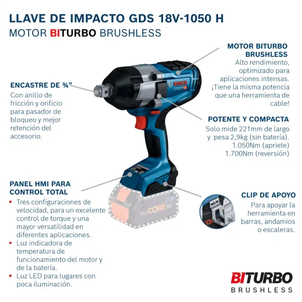 Llave de Impacto 18V 3/4" Biturbo Brushless BOSCH GDS 18V-1050 H - Imagen 12