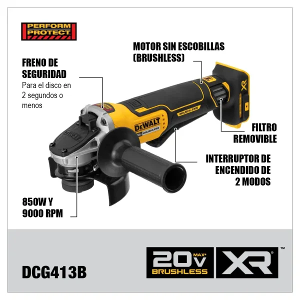 Esmeril Amoladora Angular 4 1/2" 115 MM 20V Baretool DEWALT DCG413B - Imagen 5