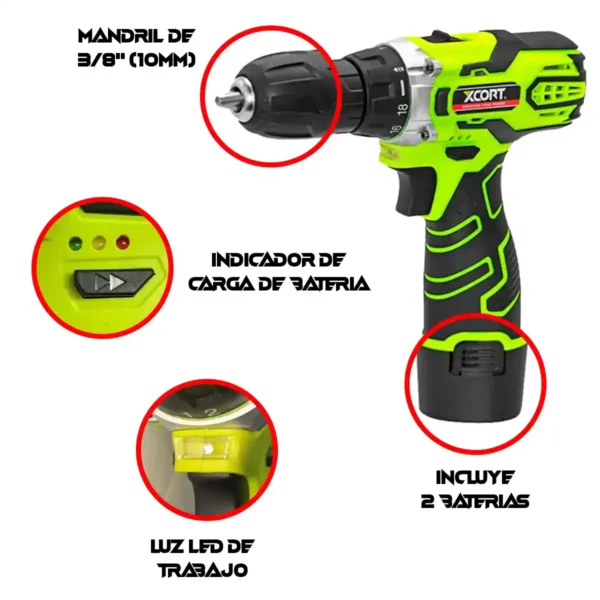 Taladro Atornillador 3/8" 12V + Accesorios XCORT XDC08-12A2 - Imagen 2