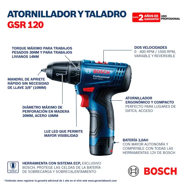 Taladro Atornillador 3/8" 12V + 1 Batería + Cargador BOSCH GSR 120-Li (CC) - Imagen 10