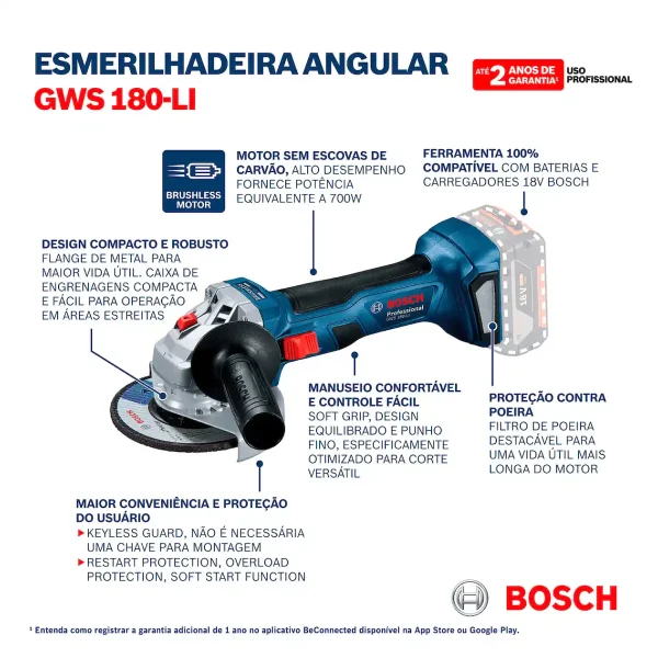Esmeril Angular 4 1/2" 18V Brushless + 2 Baterías BOSCH GWS 180-Li - Imagen 10