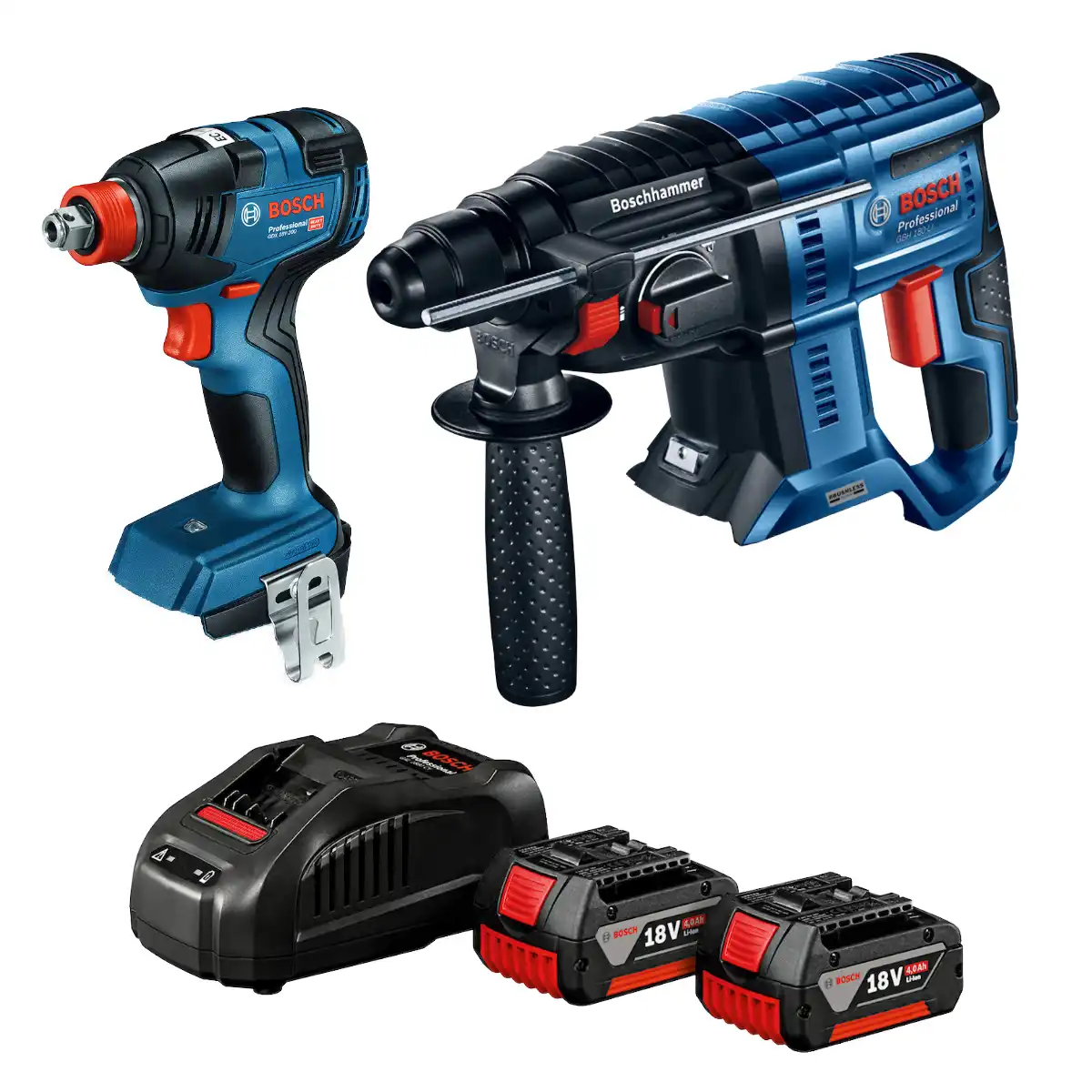 Llave de Impacto 1/2" GDX 18V-200 + Rotomartillo SDS Plus 2J GBH 180-LI Brushless + 2 Bat. 4Ah + Cargador BOSCH