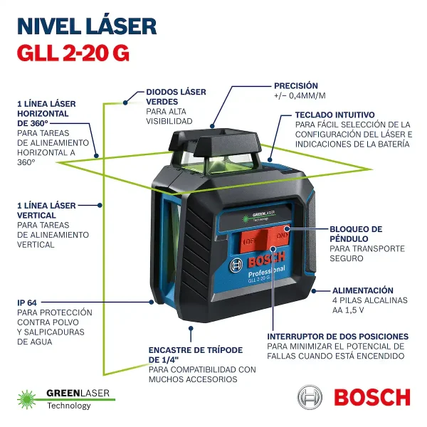 Nivel Láser Verde 10 metros GLL 2-20G + Trípode BT 150 BOSCH - Imagen 10