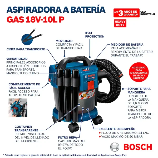 Aspiradora Seco/Húmedo 10 Litros 18V BOSCH GAS 18V-10L Baretool - Imagen 9