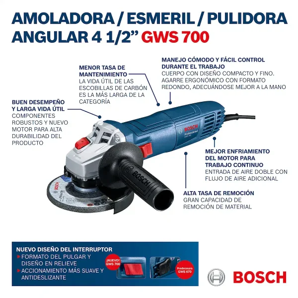 Taladro Percutor 13 MM 18V GSB 185-Li (MP) + Esmeril Amoladora Angular 4-1/2" GWS 700 BOSCH - Imagen 11
