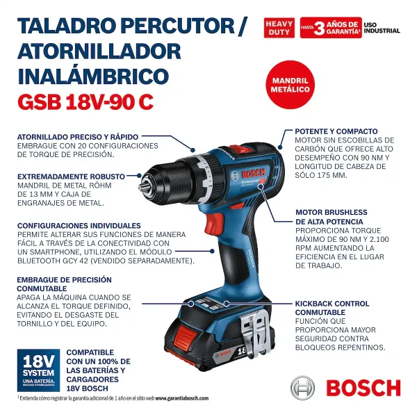 Taladro Percutor 13MM 18V GSB 18V-90 C + Llave/Atornillador de Impacto GDX 18V-285 BOSCH - Imagen 11