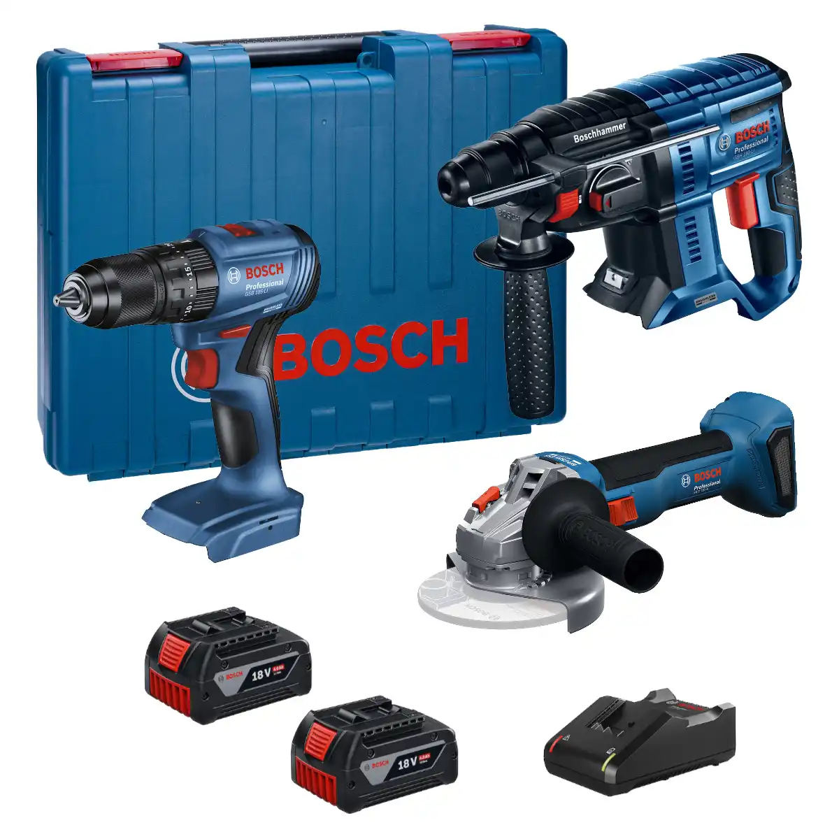 Esmeril Amoladora Angular 125MM GWS 18V-8 + 2 Bat. 4Ah + Cargador + Rotomartillo GBH 180-Li + Taladro Percutor GSB 185-Li BOSCH