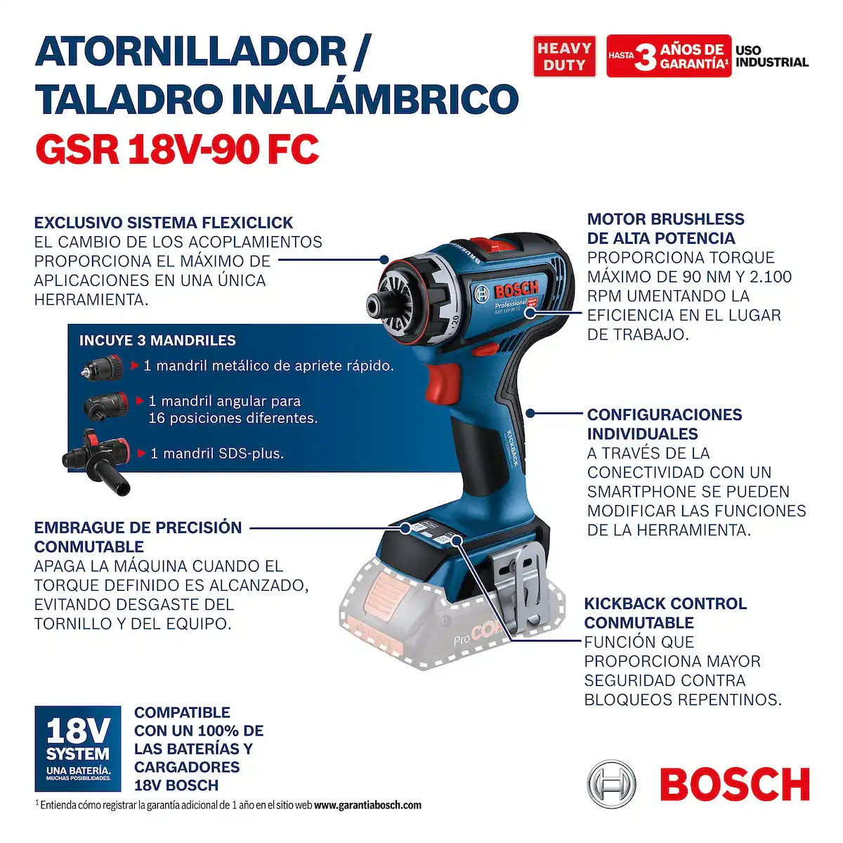 Atornillador de Impacto 18V 13 MM + 3 Adaptadores + Maleta BOSCH GSR 18V-90 FC Baretool - Imagen 12