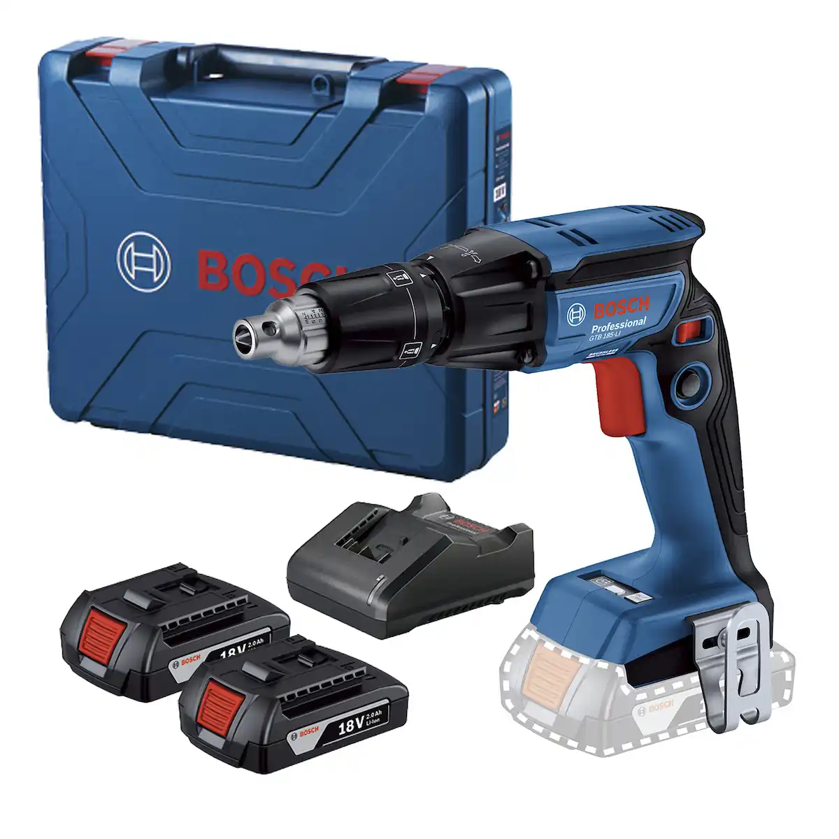 Atornillador para Drywall 1/4" 18V + 2 Bat. 2Ah + Cargador GAL 18V-20 + Maleta BOSCH GTB 185-LI