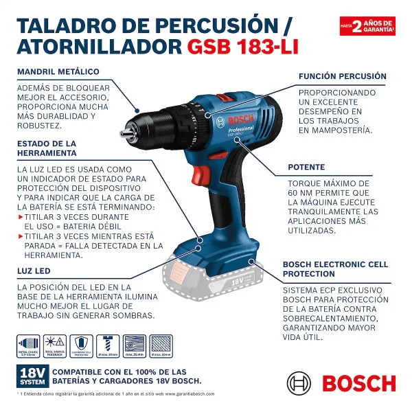Taladro Atornillador Percutor 13 MM 18V + 1 Bat. 2Ah + Cargador + Maleta BOSCH GSB 183-LI - Imagen 12