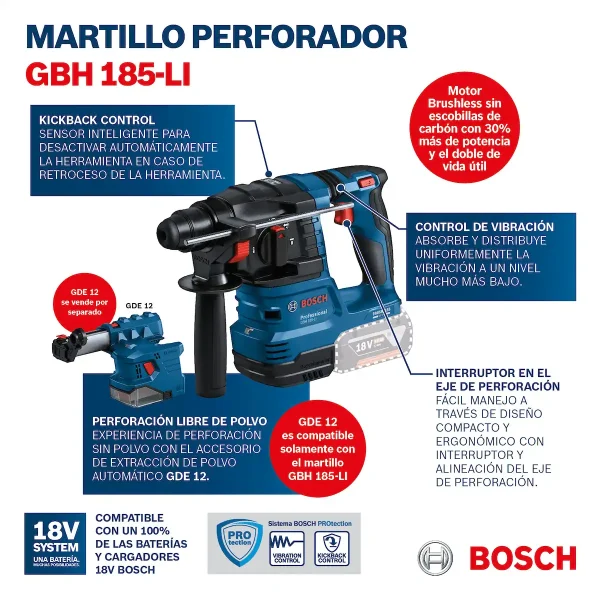Rotomartillo SDS Plus 18V + 2 Bat. 4Ah + Cargador Rápido + Maleta BOSCH GBH 185-Li - Imagen 12
